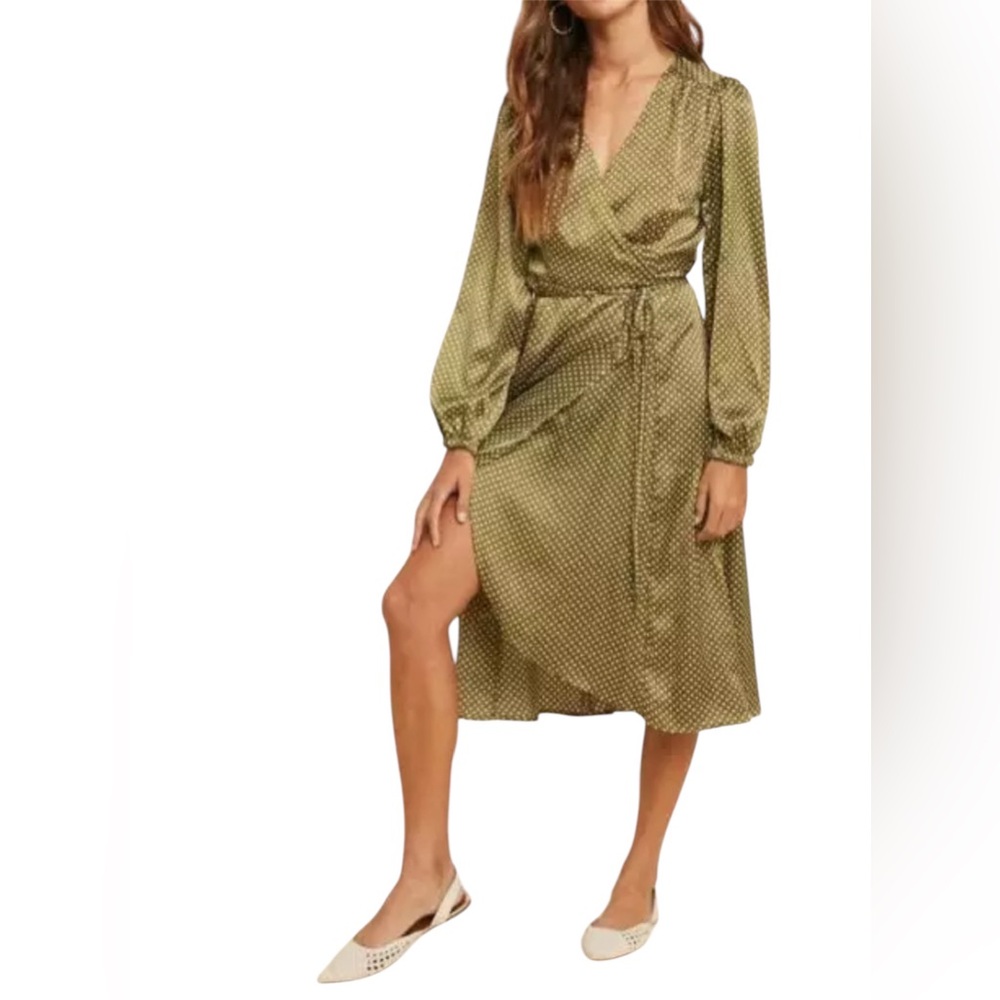 Rose & Remington Womens Olive Green Dot Satin Wrap Long Sleeve Dress Sz S NWT